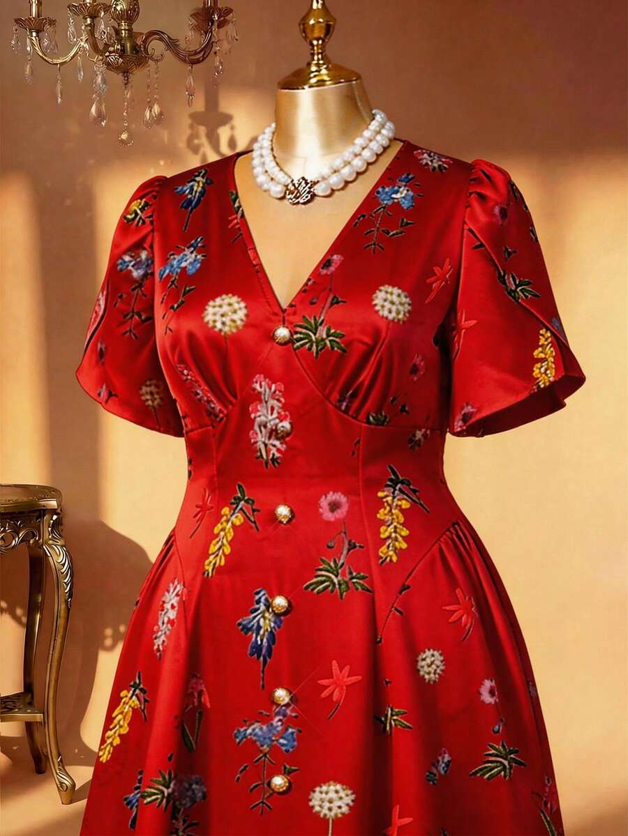 Rometta 大码女式复古法式V领碎花短袖连衣裙 - 紅色 - 查看 1