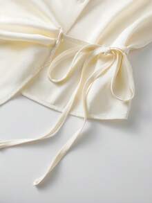 GlowEve Satin Shirt Collar Wrap Tie Bow Short Sleeve Elegant Blouse For Women - White - View 3