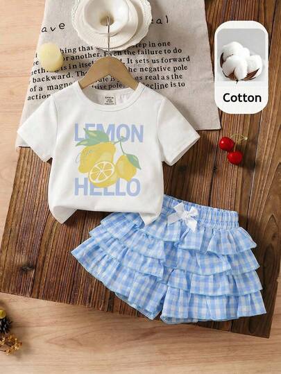 LMoss Kids 2 peças/Conjunto Menina Criança Casual Confortável Camiseta de Gola Redonda de Cor Sólida e Shorts Xadrez