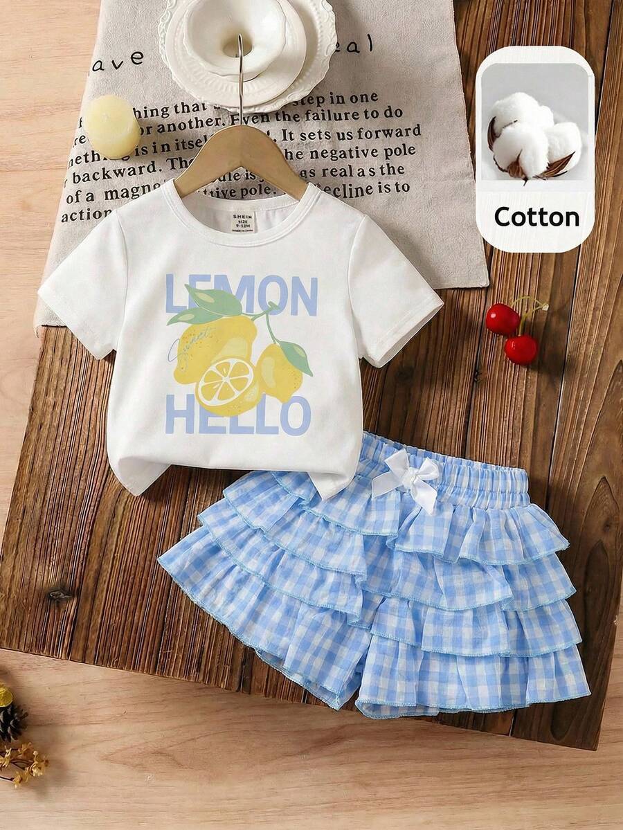 LMoss Kids 2pcs/Set Kids Baby Girl Casual Comfortable Solid Color Round Neck T-Shirt And Plaid Shorts Set - Red - View 1
