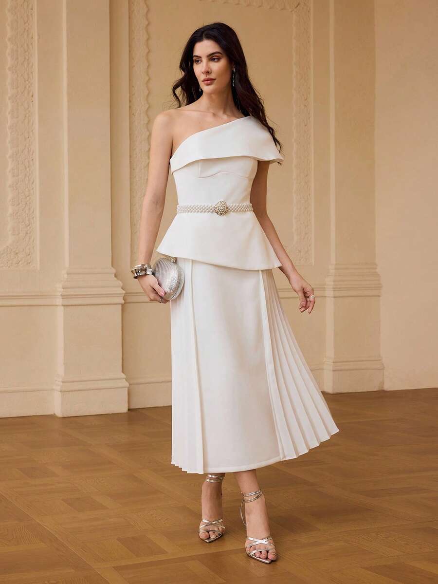 ZEYLAH Oblique Shoulder Waist Gathered Midi Dress, Spring/Summer - White - View 1