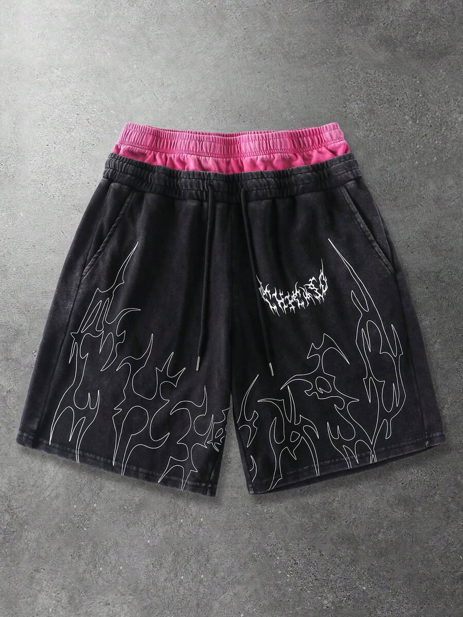 ROMWE MEN Street Life Men's Casual Flame Print Drawstring Waist Pockets Contrast Color Shorts - Black - View 1