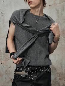 ROMWE MEN Street Life Men's Solid Color Knit Shawl Matched With Round Neck Knit Top Casual Suit - Light Grey - View 2