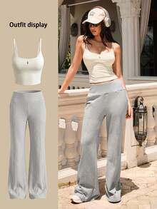 Fluxe Women's Solid Color Elastic Waist Casual Pants Folding Waist Summer Outfits Festival Outfits Festa Junina Beach Outfits Sea Going Out Outfits Women's Gym Clothes Gym Casual Sets Holiday Outfits Vacation Sportswear Workout Sets - Grey - View 11