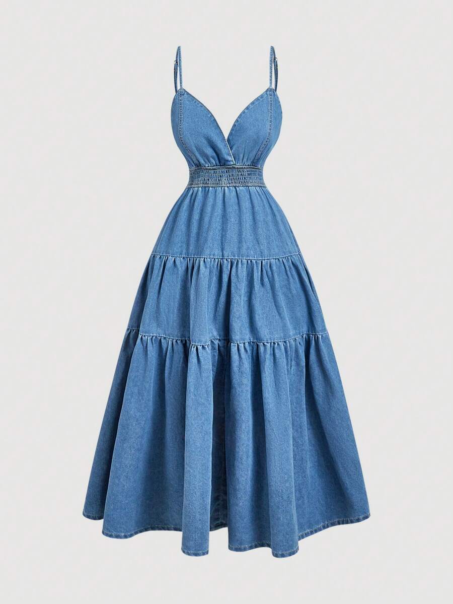 Sweetra Đầm denim mùa hè màu trơn dành cho nữ, dây mảnh, viền bèo nhún, thắt eo. - Màu xanh lam - Xem 1
