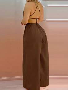 Mono de pierna recta con cuello de halter y espalda descubierta para mujer, de uso casual - Café integral - Ver 2