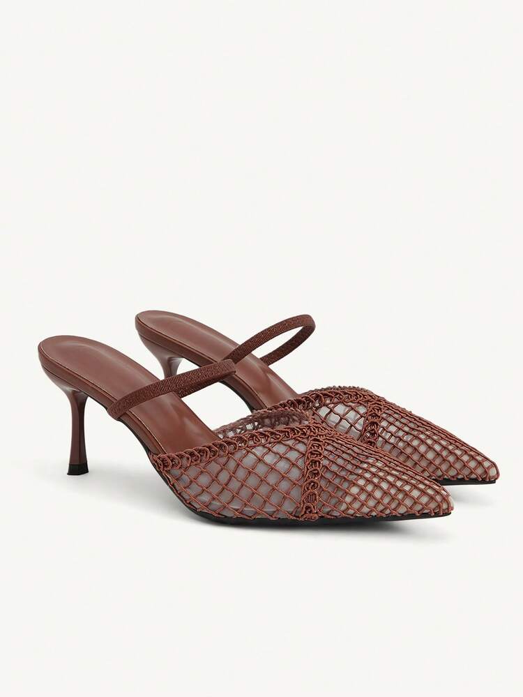 CUCCOO CHICEST Fashion Pointed Stiletto Brown Hollow Mesh Elastic Band Women's High-Heeled Shoes Mule Shoes Spring And Summer Daily Versatile Commuting Elegant Dating Outside Wearing Temperament Closed Toe Women's Shoes High-Heeled Slippers