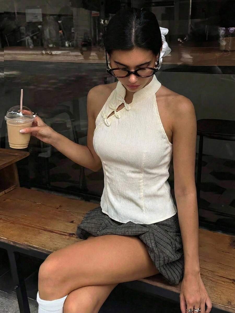 Aloruh 女款優雅中式風格無袖夏季鈕扣設計上衣，時尚波西米亞風，適合早午餐、海灘度假與Y2K風格 - 杏色 - 查看 1