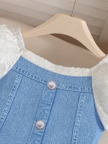 一件女童时尚纹理面料连衣裙，泡泡袖设计，牛仔印花修身款，适合日常穿着、度假和外出，春夏新款 - 藍色 - 查看 6