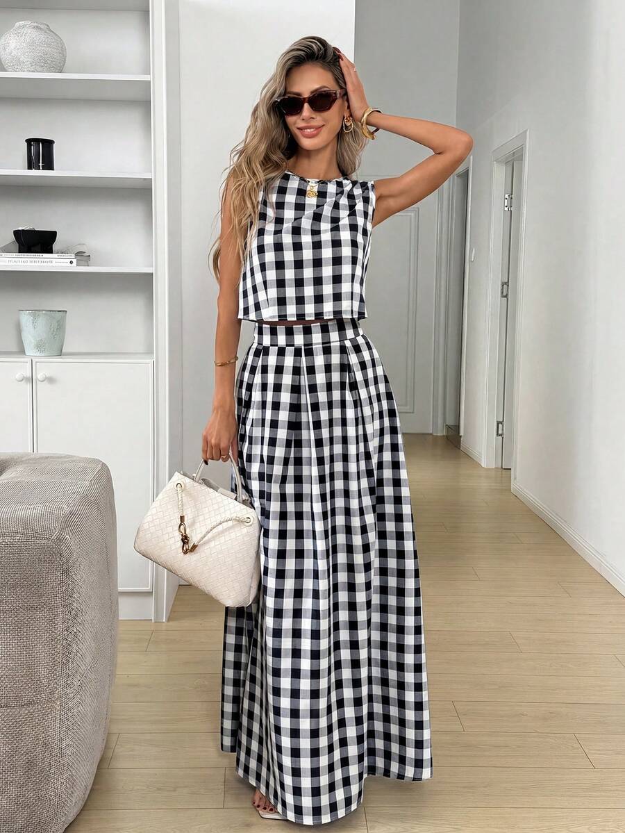 Easowa Bộ đồ nữ mùa hè kiểu dáng thường ngày gồm áo vest và chân váy kẻ caro. - Đen và trắng - Xem 1