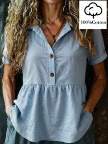 Wandoria Camisa casual de mujer de unicolor, de manga corta, con botones y media cartera - Azul - Ver 1