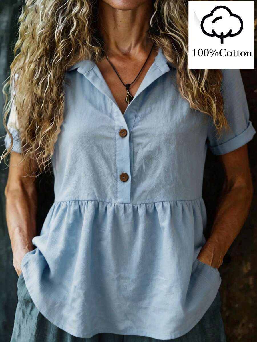 Wandoria Camisa casual de mujer de unicolor, de manga corta, con botones y media cartera - Azul - Ver 1