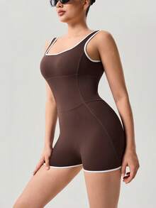 OutZeal Women Sports Jumpsuits Workout Gym Cycling Quick Drying Bra-In Square Neck - Coffee Brown - View 10