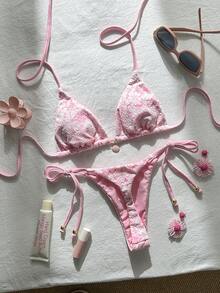 Swim Mod Set Bikini Seksi Wanita dengan Kain Jacquard, Leher Halter, dan Dekorasi Logam, Elegan untuk Musim Panas - Berwarna merah muda - View 1