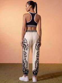 CAJUNI Women's Bohemian Floral Print Elastic Waist Drawstring Fashion Sweatpants - Black and White - View 2