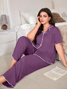 SHEIN Purple Ruffle Trim Super Soft Draping Summer Floral Chiffon Knit Fabric Classic Loose Turndown Collar Open Front, Casual Loungewear PJS - Purple - View 6