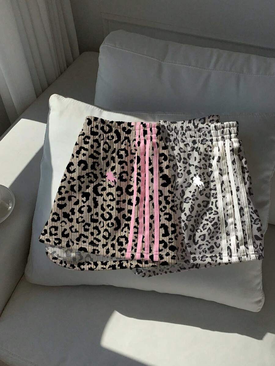 Comfortcana 2件装 女士休闲简约树枝印花针织拼接宽松短裤 - 彩色 - 查看 1