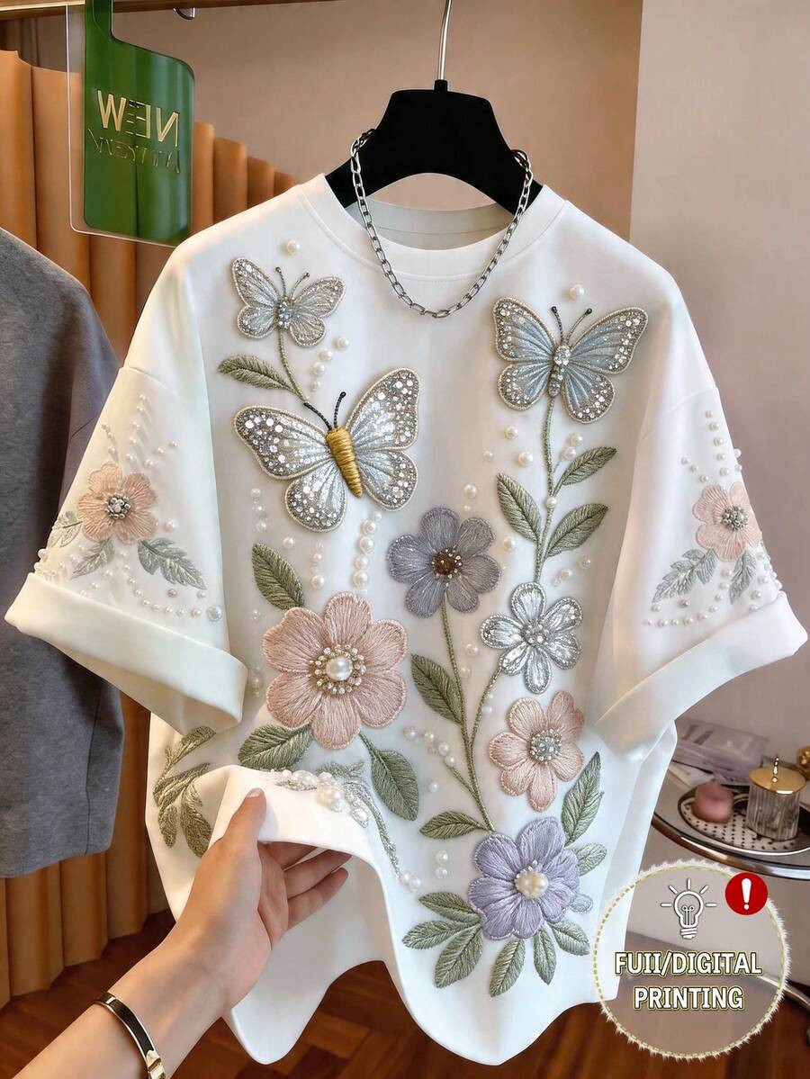 GlowEve 女士圆领蝴蝶花卉刺绣仿珍珠装饰短袖上衣，适合休闲、通勤、约会、派对、居家、外出、下午茶、海滩度假、旅行及各种场合。 - 白色 - 查看 1