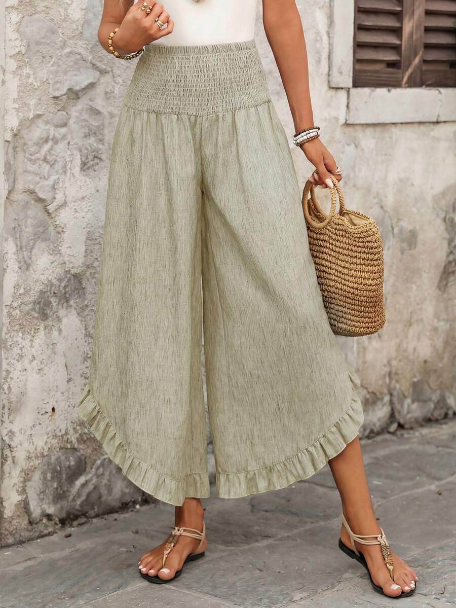 EMERY ROSE Women's Casual Boho Vacation High Waist Ruffle Hem Loose Wide Leg Pants, Suitable For Spring, Summer And Autumn Gaucho Women Beach Sage Green - Khaki - View 1