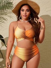 Slaydiva Conjunto de tankini y bikini con estampado degradado y drapeado en tallas grandes - Multicolor - Ver 3