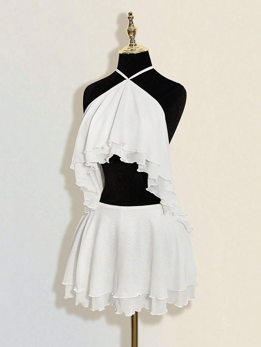 SHEIN ICON 女士荷叶边露背镂空性感连衣裙 - 白色 - 查看 1
