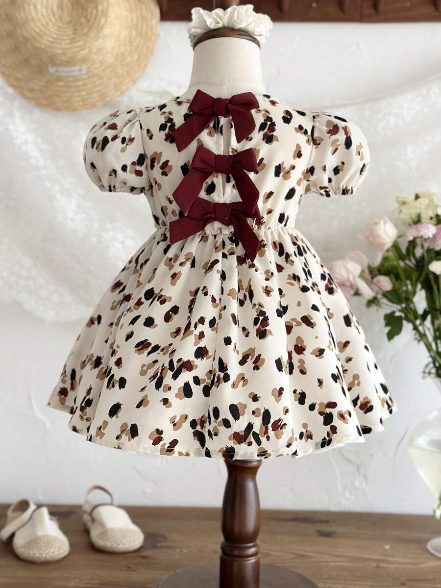 SHEIN Baby Girl Cute & Elegant Floral Bow Loose Short Sleeve Dress - Multicolor - View 1