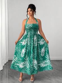 SHEIN Elenzya Đầm maxi cỡ lớn in họa tiết hoa nhiệt đới, kiểu dáng cúp ngực, thắt eo, thanh lịch, không tay, thích hợp cho kỳ nghỉ hè. - màu xanh lá - Xem 3