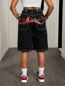 Slaydiva 女士碎花图案口袋休闲宽松七分牛仔裤 - 黑色 - 查看 2