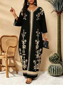 Villa Velisse Vestido casual de mujer de talla grande con estampado retro, vestido retro elegante de vacaciones romántico - Negro - Ver 3