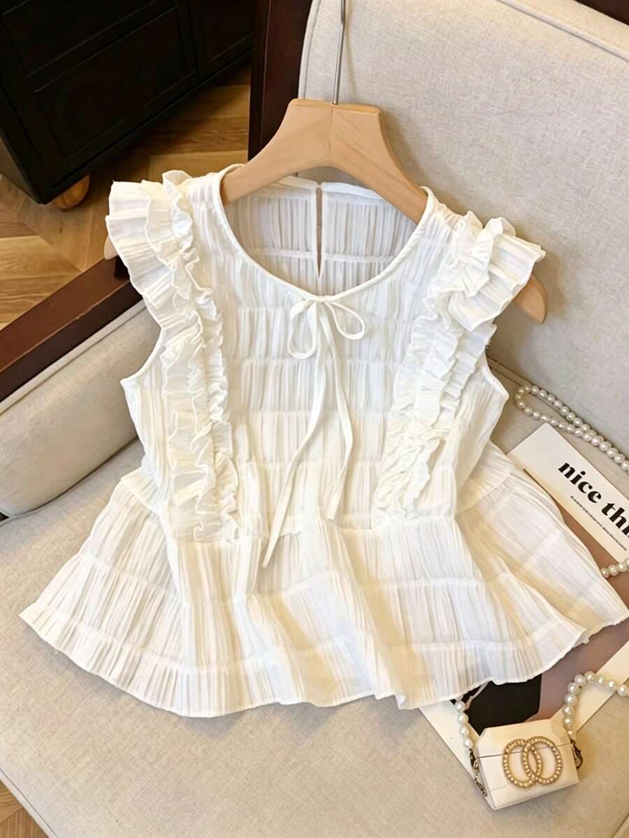 SHEIN Franclia Áo kiểu nữ màu trắng không tay viền bèo nhún, áo tank top mùa hè dáng suông xuyên thấu, áo hai dây đi biển thanh lịch, thích hợp cho mặc hàng ngày và đi nghỉ mát. - trắng - Xem 1
