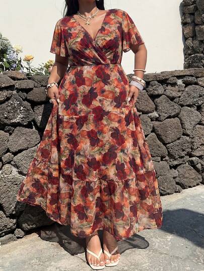 Modelyn Elegant Casual Spring/Summer Floral Print Ruffle Crossover Neck Patchwork Lantern Sleeve Loose Flowy Plus Size Women Long Dress
