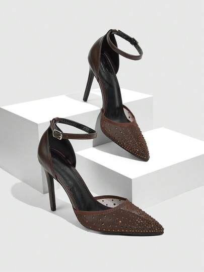 CUCCOO SZL Women Shoes Women's New Simple Fashion High Heel Color Scheme Cloth High Heel Thin Heel Rear Ankle Strap Rear Bag Pointed Toe Hollow Low Vamp Round Mouth Mesh Rhinestone Sexy Versatile Commuter PU Material Festival Spring Summer Four Seasons Workplace Festival Party Dating Street Fashion Classic Shoes Elegant Temperament Women's Shoes