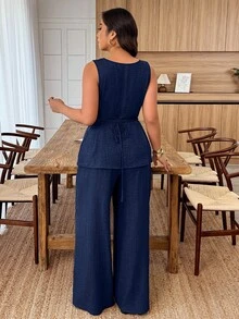 Weeklong Plus Size Women's Round Neck Sleeveless Metal Buckle Decor Waist Casual Suit, Spring/Summer - Navy Blue - View 2