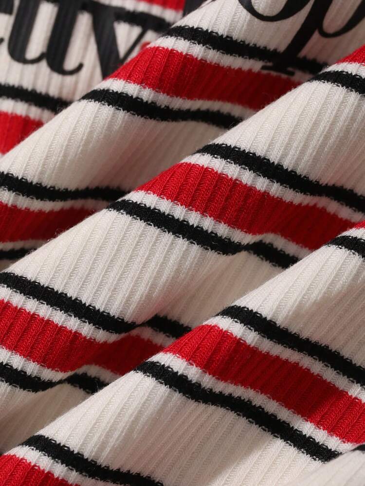 Women's Round Neck Striped Letter Print Casual Versatile Daily Wear Top