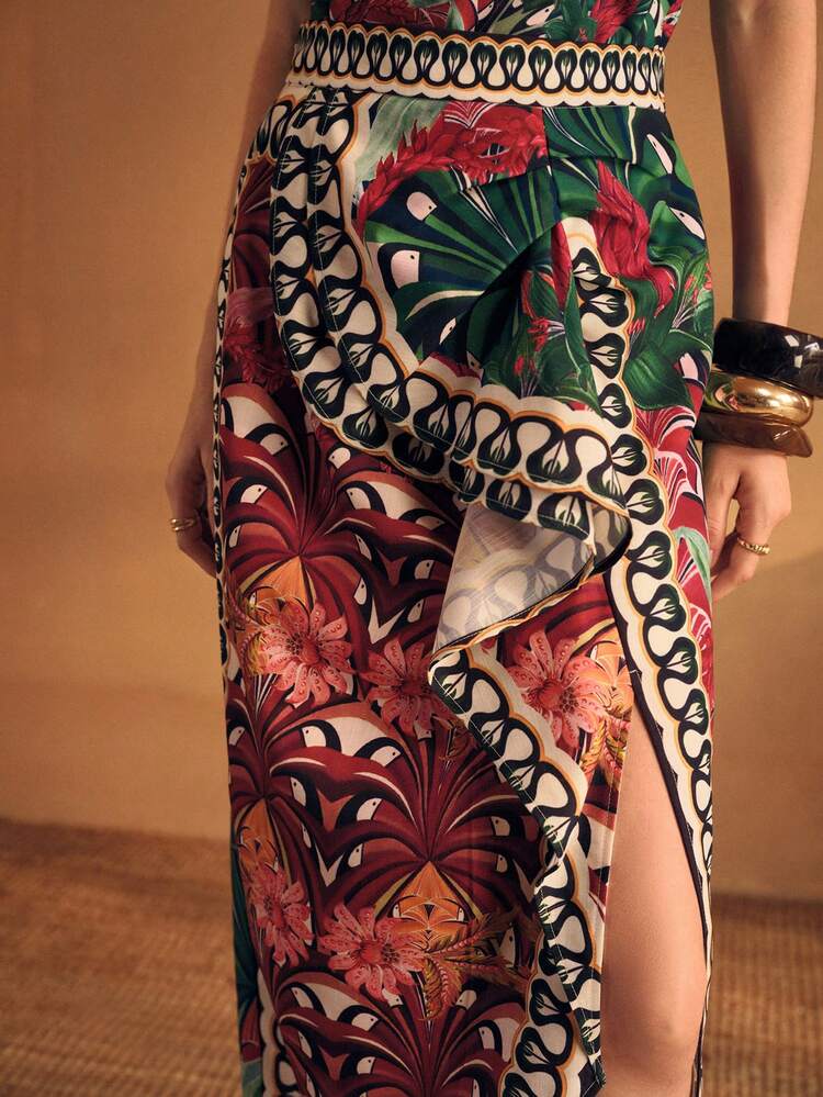 WOMEN'S TROPICAL PRINT SPLIT THIGH SKIRT