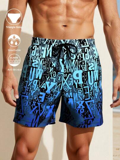 Manfinity Swimmode Quần short đi biển dáng rộng, kiểu dáng nghỉ hè dành cho nam, in chữ toàn thân, dây rút ở eo, túi xéo.