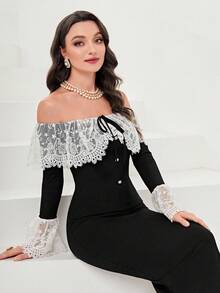 Modelyn فستان سهرة طويل ضيق الجسم مع شق في الخلف، أكمام فلونسي، تريم كشكش، عقدة أمامية، تطريز شبكي باللون الأسود والأبيض - الأسود - مشاهدة 7