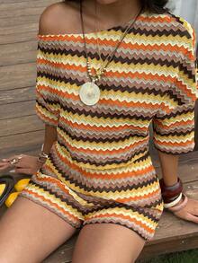 SHEIN EZwear Summer Beach Outfit Vacation 2pcs Women Asymmetric Collar Zigzag Striped Knit Short Sleeve Top And Shorts Casual Suit - Multicolor - View 7