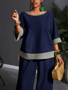 Slaydiva Plus Size Women's Navy Blue Contrast Color 3/4 Sleeve Top And Wide Leg Pants Set,Casual Workwear For Autumn,Nomadic Style Birthday Party & Holiday - Navy Blue - View 7