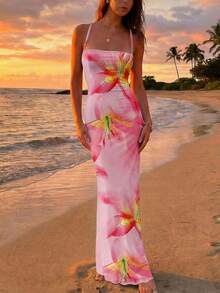 Đầm hở lưng in họa tiết hoa ly hồng thanh lịch kiểu Hawaii của Aloruh dành cho nữ, trang phục mùa hè, đầm đi biển, trang phục đi biển cho nữ, trang phục nghỉ mát nhiệt đới phong cách Bohemian, trang phục nghỉ mát nhiệt đới cho nữ. - Hồng - Xem 13