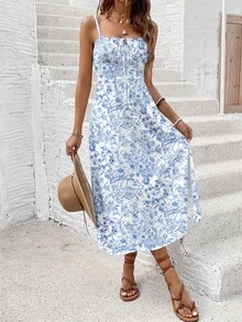 SHEIN Frenchy 休闲简约度假波西米亚风优雅浪漫复古蓝线素描碎花图案，适合音乐节、海滩装扮、度假装扮、女士夏季连衣裙、女士中长连衣裙 - 彩色 - 查看 3