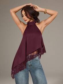 SHEIN PETITE Áo kiểu yếm cổ cao bất đối xứng với viền ren, thích hợp cho tiệc tối, cocktail, trang trọng, thanh lịch, không tay, đi chơi đêm, dự tiệc cưới, mùa hè, thu, kiểu trễ vai. - Màu Đỏ Sâu - Xem 4