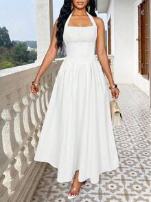 SHEIN Lady 女士时尚度假风褶皱露背系带连衣裙 - 白色 - 查看 3