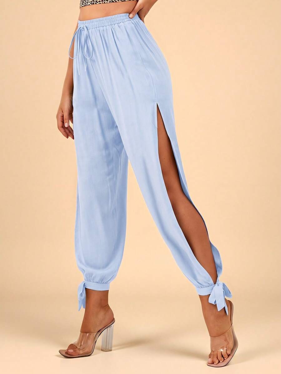Travachic Split Thigh Knot Hem Solid Pants Spring Summer Clothing - Baby Blue - View 1