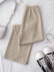 White Summer Teen Girl Knitted Striped Drawstring Waist Casual Pants,Mother's Day Graduation Spring Outing Vacation Holiday Stylish Back To School - Khaki - View 2