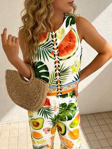 Vaclyn Women's Tropical Plant Print Sleeveless Casual Top - Multicolor - View 5