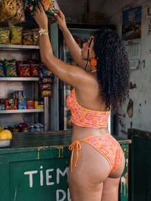 Swim Mod Plus Size Orange Ditsy Floral Bikini 2 Pieces Swimwear Set With Tie - Multicolor - View 2