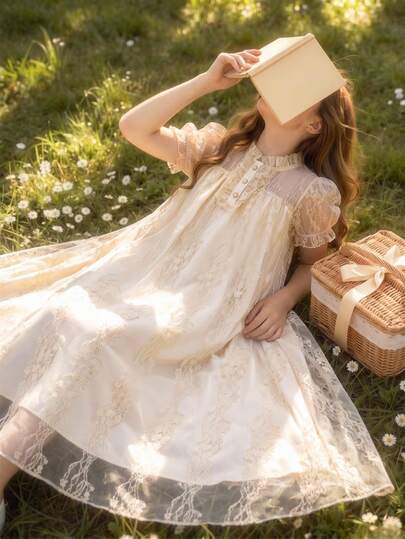 SHEIN Robe de princesse d'été pour fille élégante avec garniture en dentelle, manches bouffantes et taille cintrée, couleur abricot