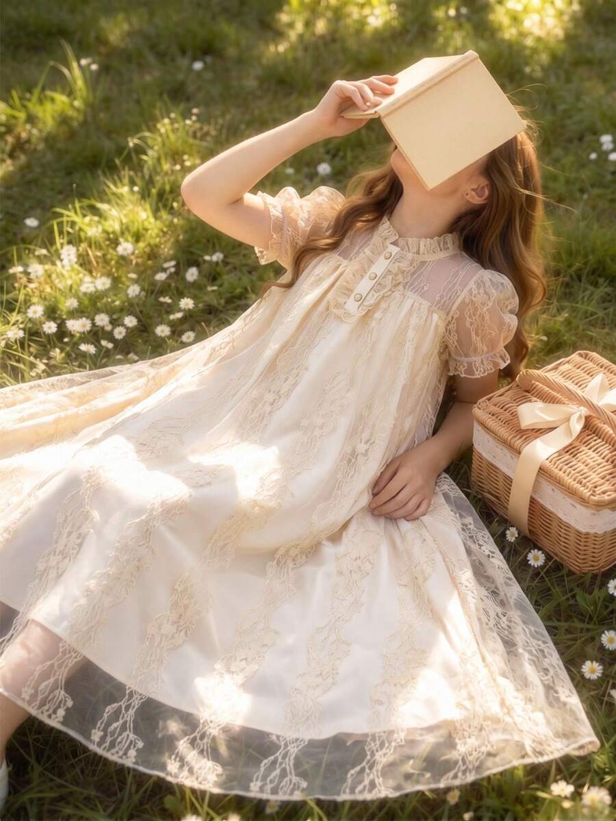 Vestido de princesa de verano para niña preadolescente Glamorique, con mangas abullonadas, cintura ceñida y ribete de encaje elegante en color albaricoque - Albaricoque - Ver 1