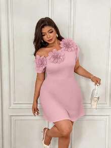 Femmeverse Plus Size Women's Solid Color Floral Decor Ruched Shoulder Design Fashionable Short Dress - Pink - View 3